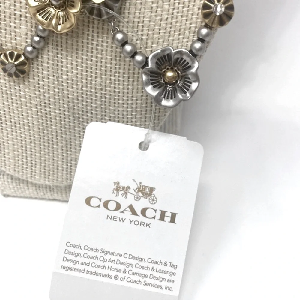 COACH Womens Tea Rose Applique Mixed-Metal Chain 18” Necklace Eclectic Studs NEW